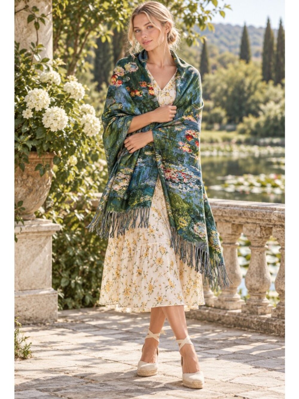 Reversible Fringed Shawl Wrap Van Gogh Almond Blossoms & Monet Water Lilies NWT - Picture 2 of 16